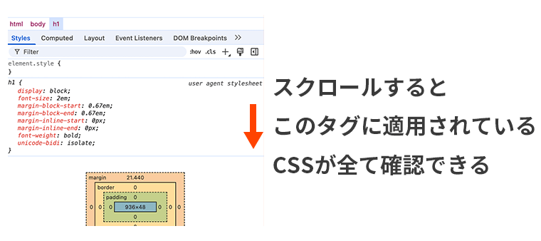 Google Chromeの検証ツールを開いた画面で、画面の右下エリアのStylesタブを選択している状態でスクロールをすると適用されているCSSが全て表示されることを示す画像