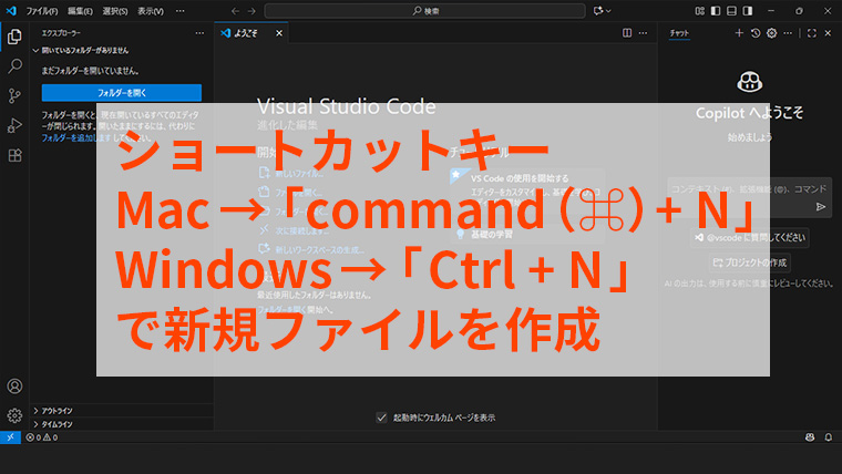 ショートカットキーを使って新規ファイルを作成する操作説明。Macはcommand+N、WindowsはCtrl+N