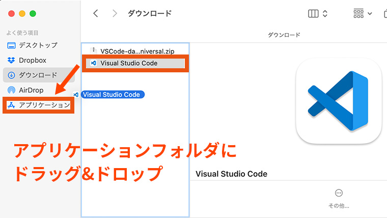 ダウンロードフォルダのVisual Studio Codeをアプリケーションフォルダへドラッグ&ドロップしてインストールする画面