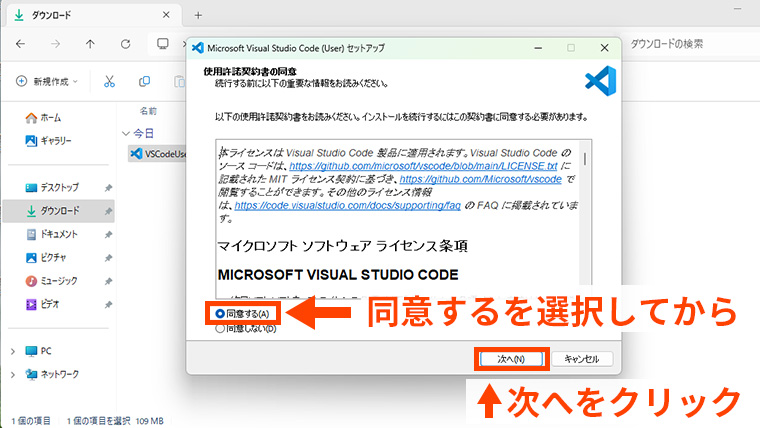 Visual Studio Codeセットアップ画面で利用規約に同意し、次へボタンをクリックする操作