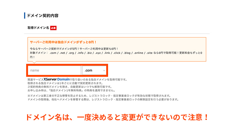 取得するドメイン名を入力する画面。ドメイン名は一度決めると変更できないため注意。