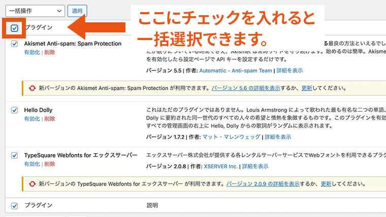 プラグイン一覧画面で、プラグインを一括選択している様子