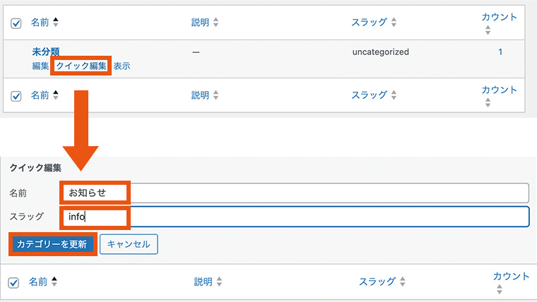 WordPressのカテゴリー設定画面。「未分類」カテゴリーの名前とスラッグをクイック編集を使用して変更している様子