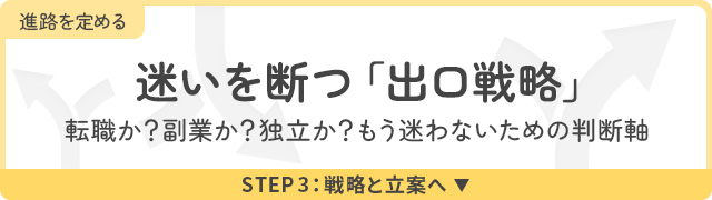 Webデザイン独学の出口戦略を示すロードマップ。転職・副業・独立のどれを選ぶべきか迷っている人が、自分に合った進路を判断するためのSTEP3。